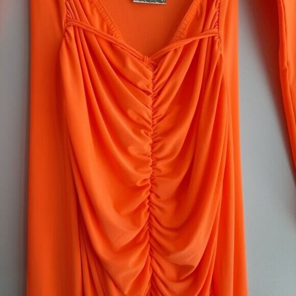 BOOHOO Cut-out Ruched Long Sleeve Mini Dress Orange Sz 8 Flawed - Picture 6 of 14